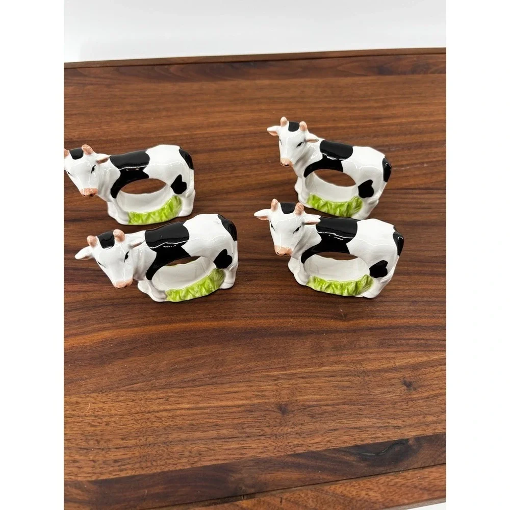 Ceramic Cow Napkin Rings Set of 4 Black & White Farmhouse Country Table Decor